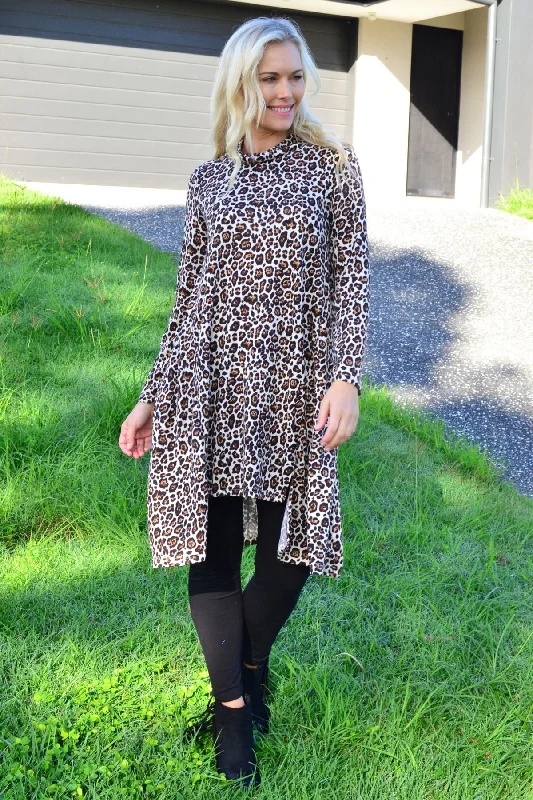 Leopard Print High Neck Fleece Tunic Dress