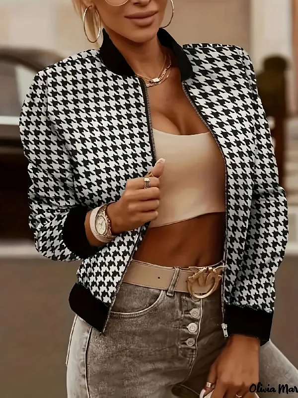 Sixsr Houndstooth Print Bomber Jacket, Casual Zip Up Long Sleeve Outerwear, Women's Clothing