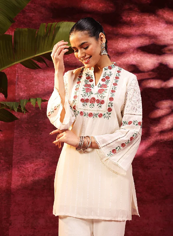 Bahaar Ivory Embroidered Sheer Top for Women