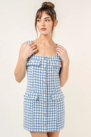 PLAID TWEED SQUARE NECK BUTTONED DRESS