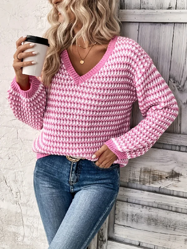 Sixsr Striped V Neck Pullover Sweater, Casual Long Sleeve Drop Shoulder Sweater, Women's Clothing