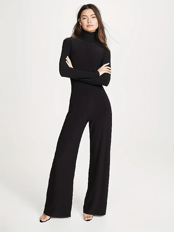 Sixsr Mock Neck Wide Leg Jumpsuit, Casual Long Sleeve Jumpsuit For Spring & Fall, Women's Clothing