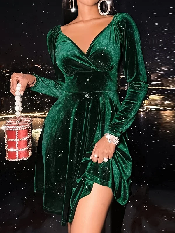 Sixsr Plus Size Elegant Dress, Women's Plus Solid Velvet Ruched Long Sleeve V Neck Nipped Waist A-line Dress