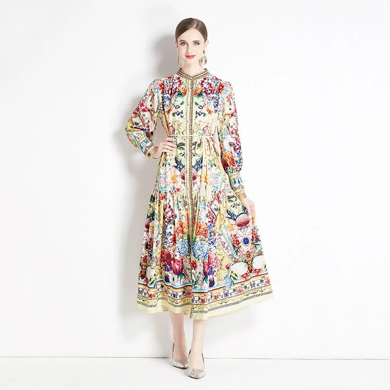 Retro Floral Lantern Sleeve Midi Dress