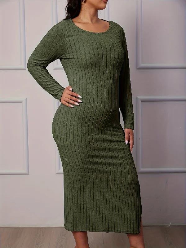 Sixsr Plus Size Casual Dress, Women's Plus Solid Ribbed Long Sleeve Round Neck Split Hem Maxi Dress