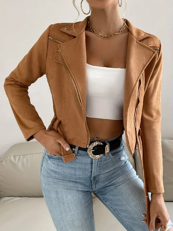 Sixsr Solid Zip Up Biker Jacket, Casual Lapel Long Sleeve Crop Jacket For Spring & Fall, Women's Clothing