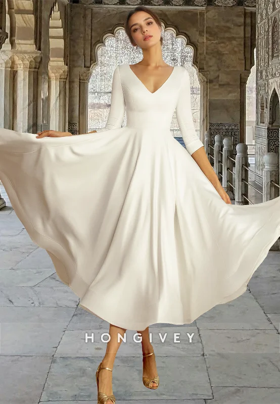 Chic Satin V-Neck Half Sleeves A-Line Wedding Dress Midi Dresses