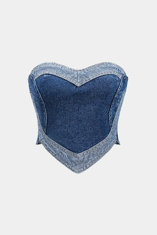 Denim Patchwork Zippper Tube Top