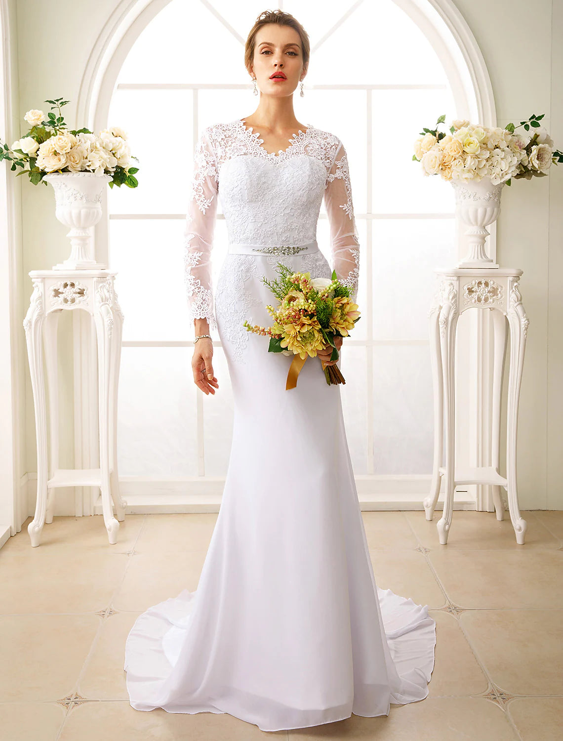 Engagement Open Back Formal Wedding Dresses Long Sleeve V Neck Chiffon Sash Appliques