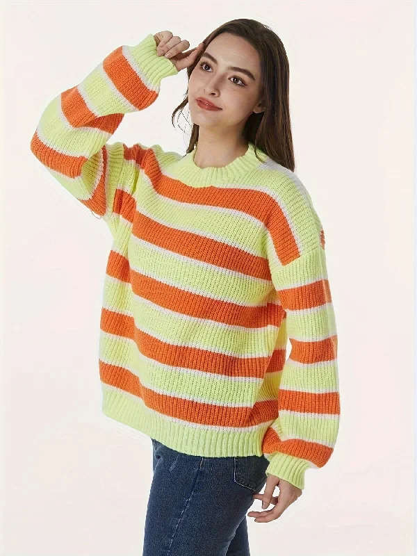 Sixsr Striped Crew Neck Pullover Sweater, Casual Long Sleeve Loose Sweater, Women's Clothing