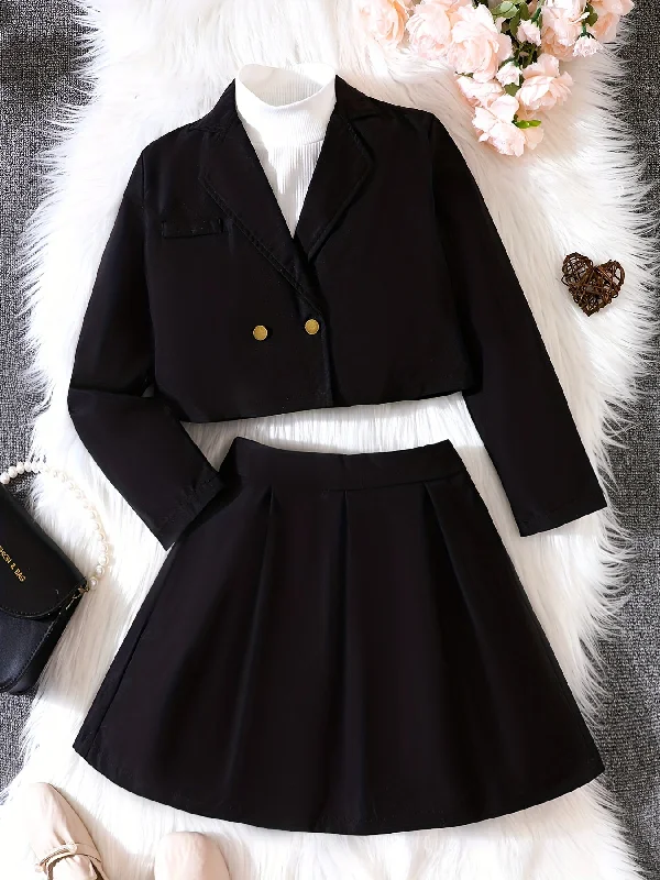 Sixsr Girls Trendy 2pc Cropped Long Sleeve Blazer & Solid Skirt, Preppy Style Kids Clothes For Party Fall