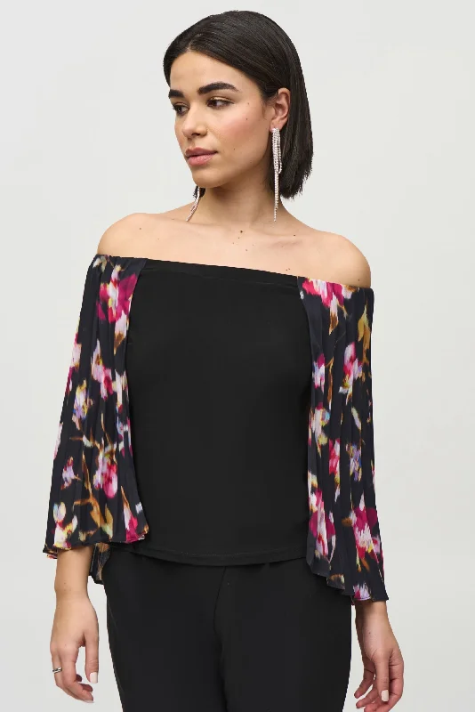 Joseph Ribkoff Black/Multi Off-Shoulder Floral Pleated Cape Top 244246