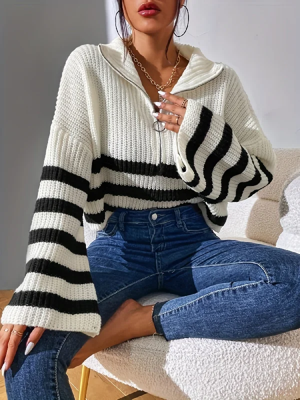 Sixsr Striped Pattern Half Zip Pullover Sweater, Casual Bell Sleeve Sweater For Fall & Winter, Women's Clothing