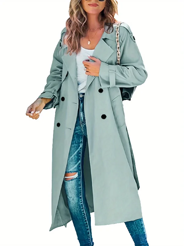 Sixsr Double Breasted Solid Trench Coat, Casual Long Sleeve Mid Length Outerwear, Women's Clothing