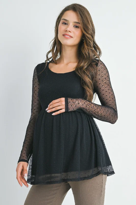 Polka Dot Scoop Neck Mesh Sleeve Maternity Top