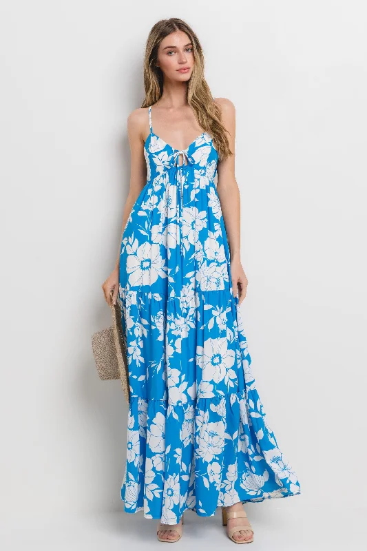 Royal Tropical Floral Open Back Maxi Dress