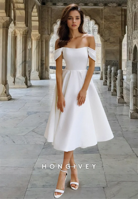 Short Off-Shoulder A-Line Satin Wedding Dress Midi Dresses HONGIVEY