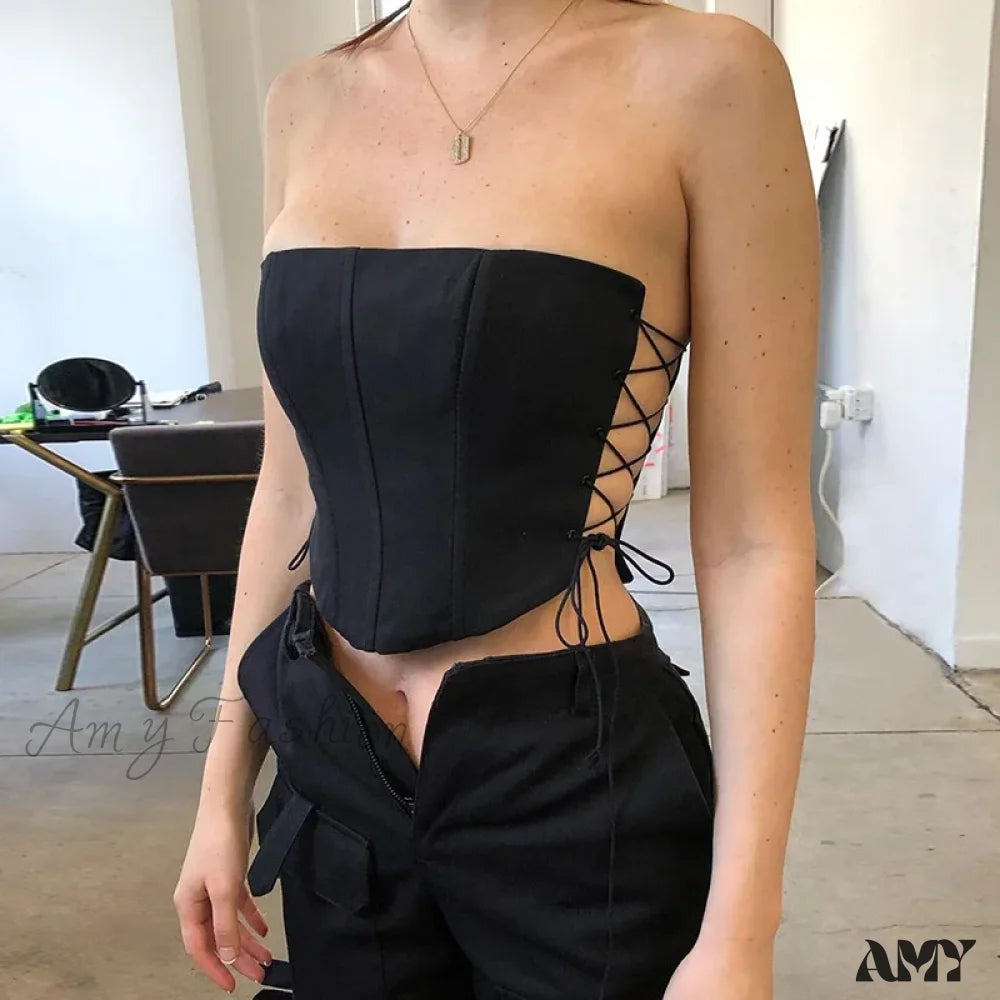 AMY - Off Shoulder Strapless Lace Up Bustier Corset Crop Top