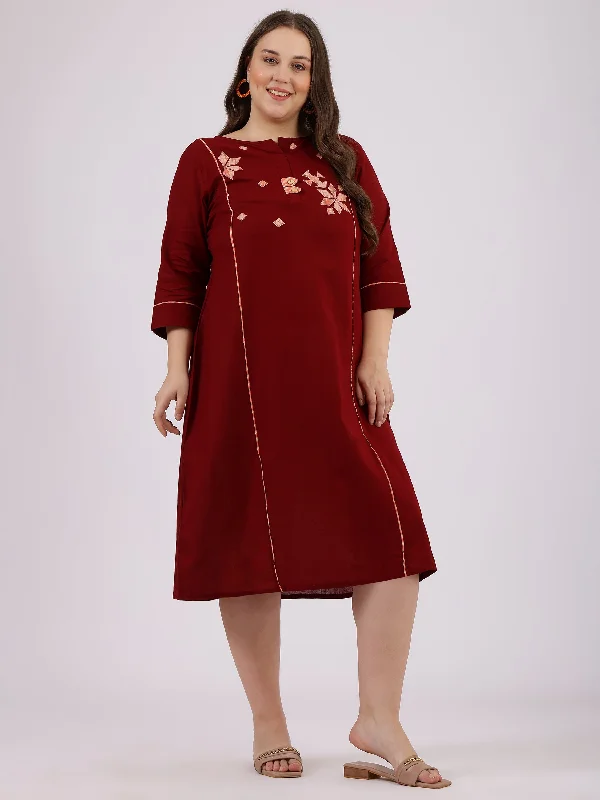 Maroon Cotton Round Neck A-line Dress