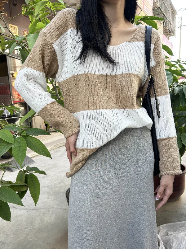 Sixsr Color Block Striped Pullover Sweater, Vintage V Neck Long Sleeve Sweater, Women's Clothing