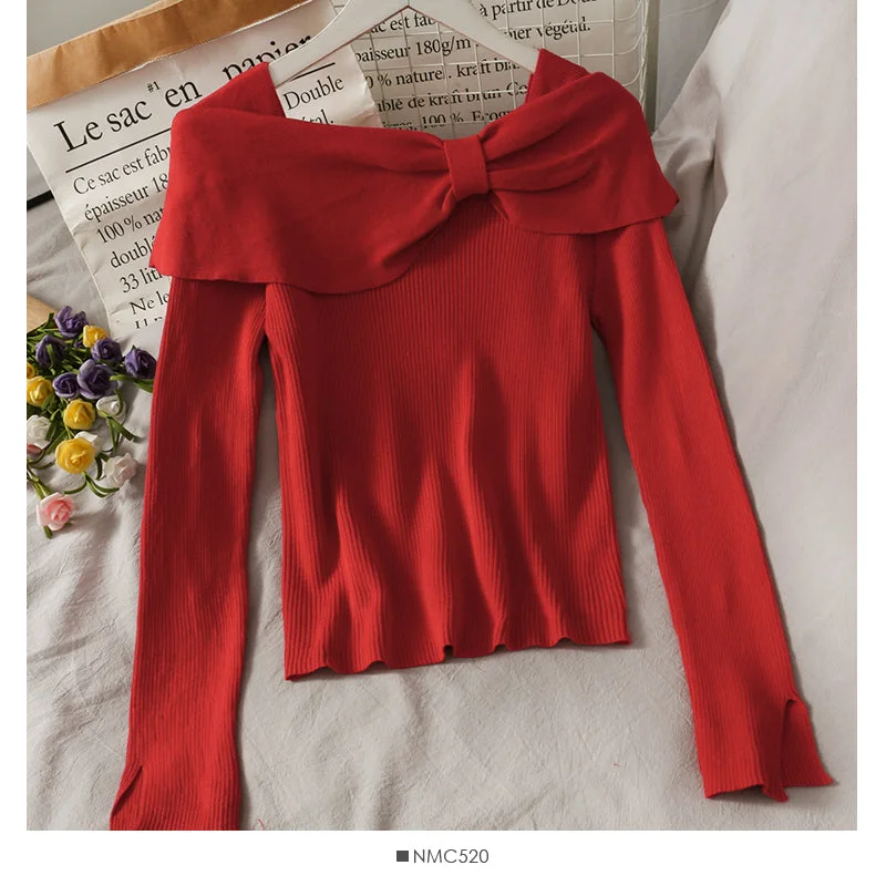 Korean slim butterfly dew clavicle sweater  1828