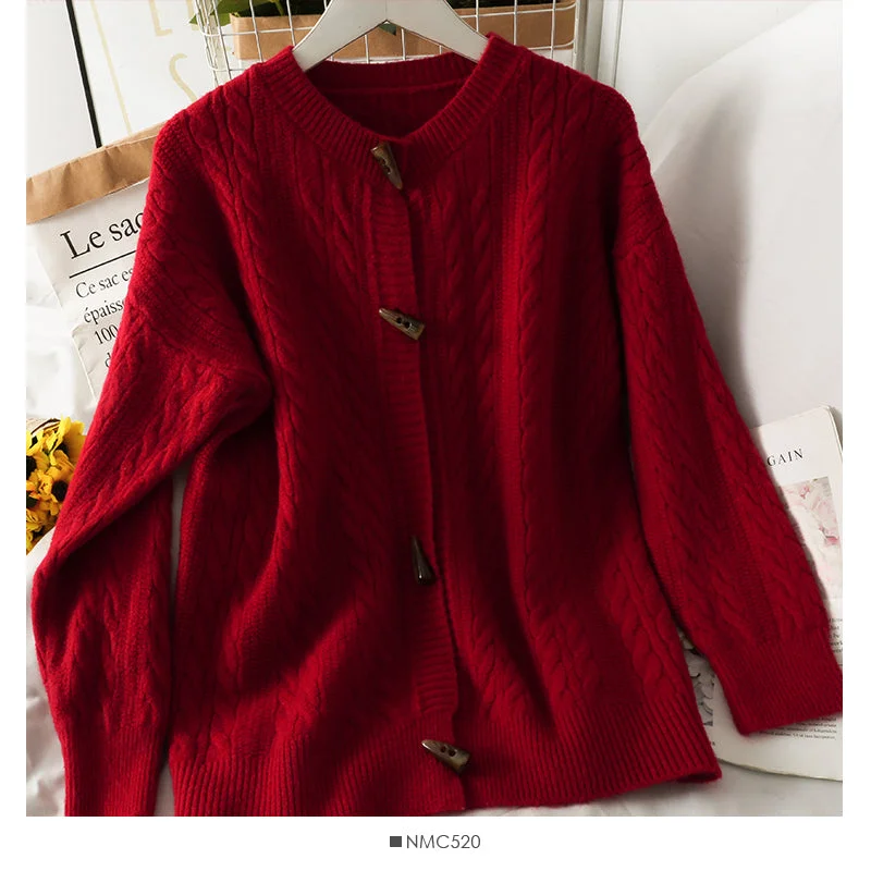 Sweater women's solid color ox horn button round neck sweater  1825