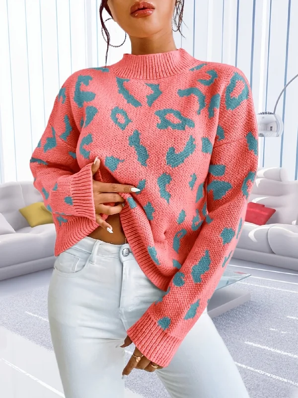 Sixsr Graphic Pattern Mock Neck Pullover Sweater, Casual Long Sleeve Sweater, Women's Clothing