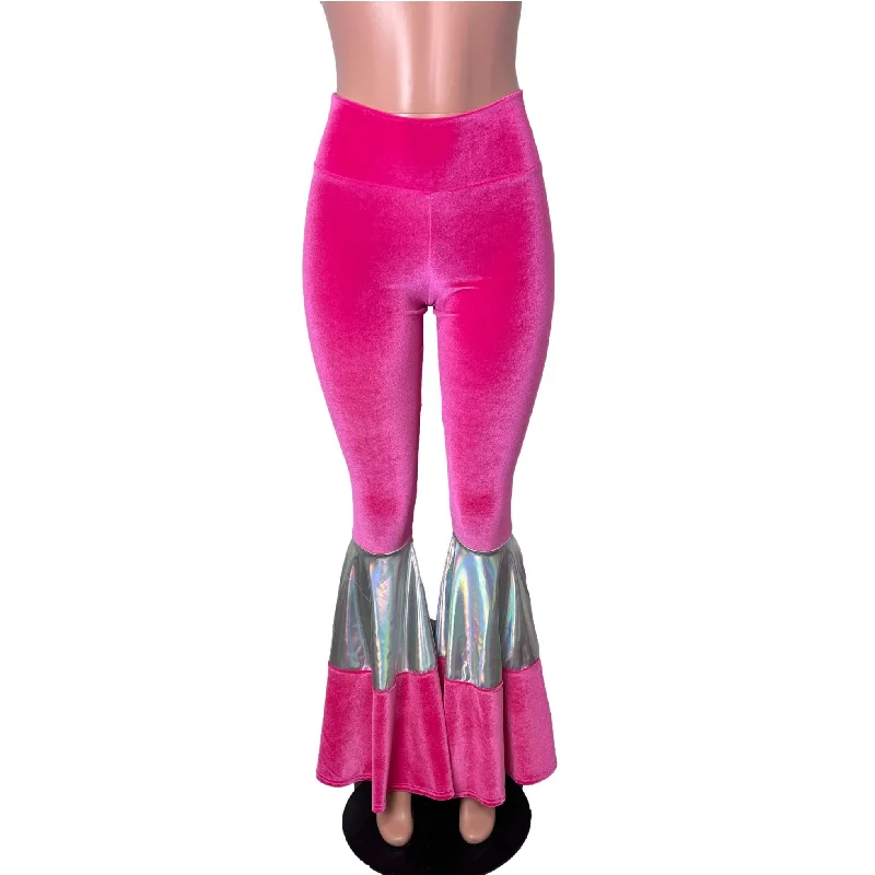 SALE - SMALL Tiered Bell Bottom Flares - Neon Hot Pink Velvet w/ Opal Holographic