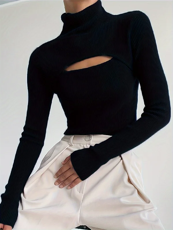 Sixsr Solid Turtle Neck Knitted Top, Casual Cut Out Long Sleeve Slim Sweater, Women's Clothing