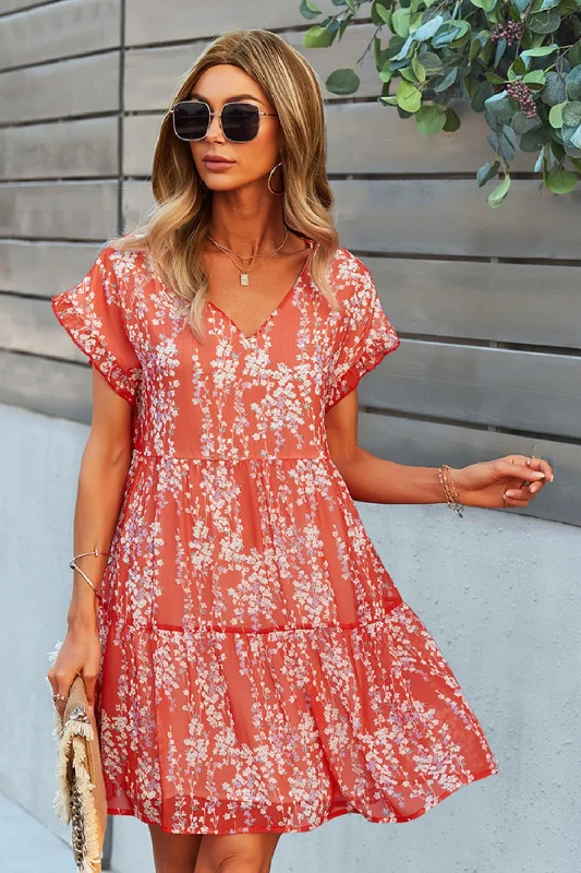 Printed V-Neck Short Sleeve Tiered Casual Dress