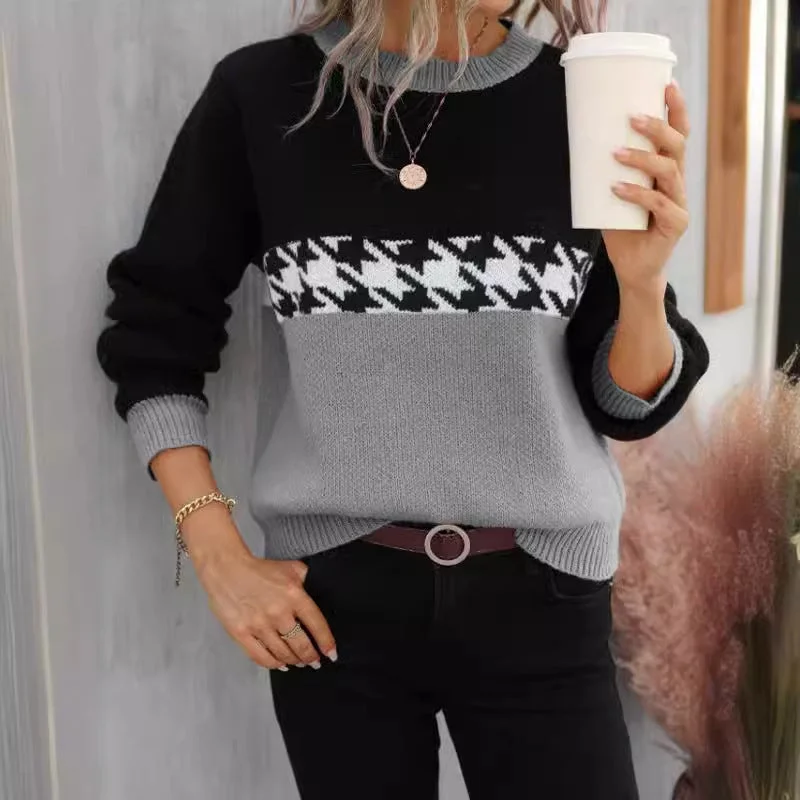 Contrast Color Pullover Round Neck Knitted Sweater