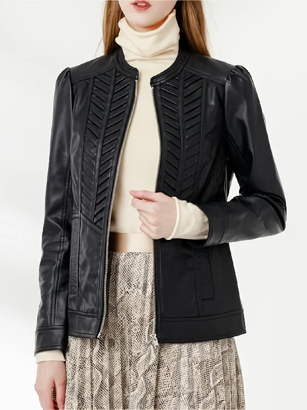 Sixsr Faux Leather PU Zipper Coat, Elegant Woven Pattern Long Sleeve Fashion Loose Slim Outerwear, Women's Clothing