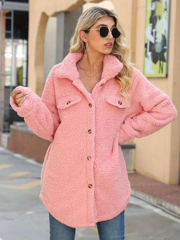 Sixsr Solid Button Front Teddy Coat, Casual Long Sleeve Winter Warm Outerwear, Women's Clothing