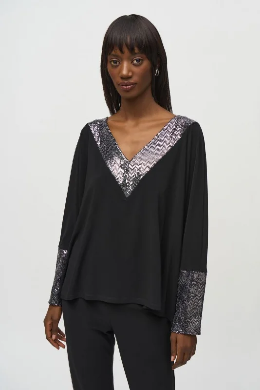 Joseph Ribkoff Sequined V-Neck Boxy Top 244200