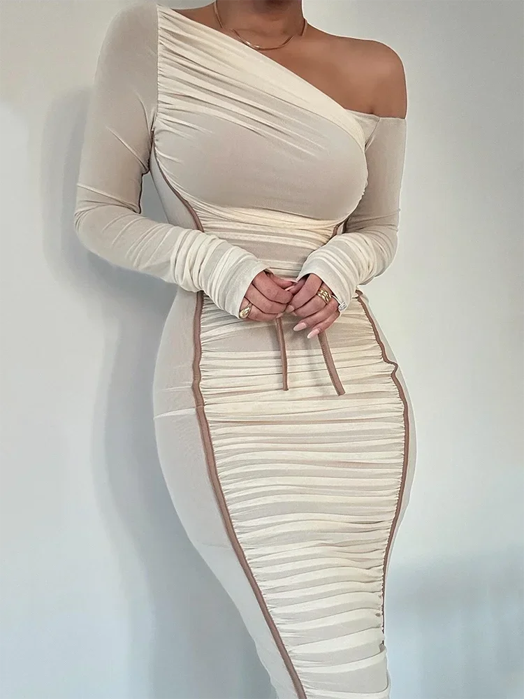 Diagonal Collar Mesh Backless Ruched Bodycon Long Midi Dress