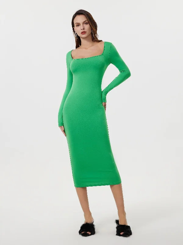 Sixsr Squared Neck Bodycon Dress, Casual Solid Long Sleeve Midi Dress, Women's Clothing