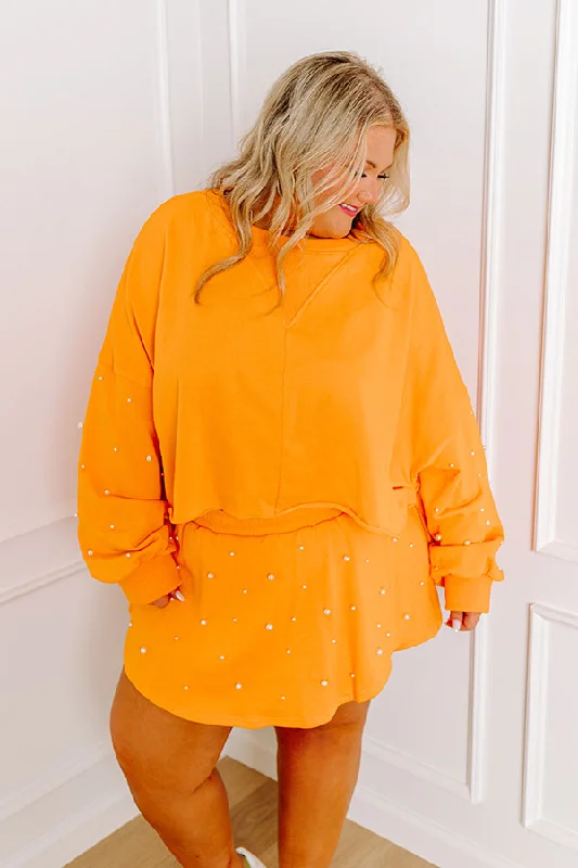 Sideline Chic Pearl Embellished Crop Sweatshirt in Orange Curves