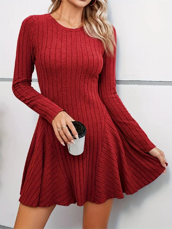 Sixsr Rib Knit Long Sleeve Flare Dress, Casual Crew Neck Dress For Spring & Summer, Women's Clothing