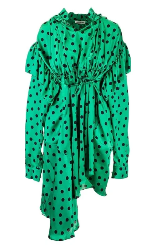 Polka Dot Print Long Sleeve Logo Jacquard Babydoll Dress