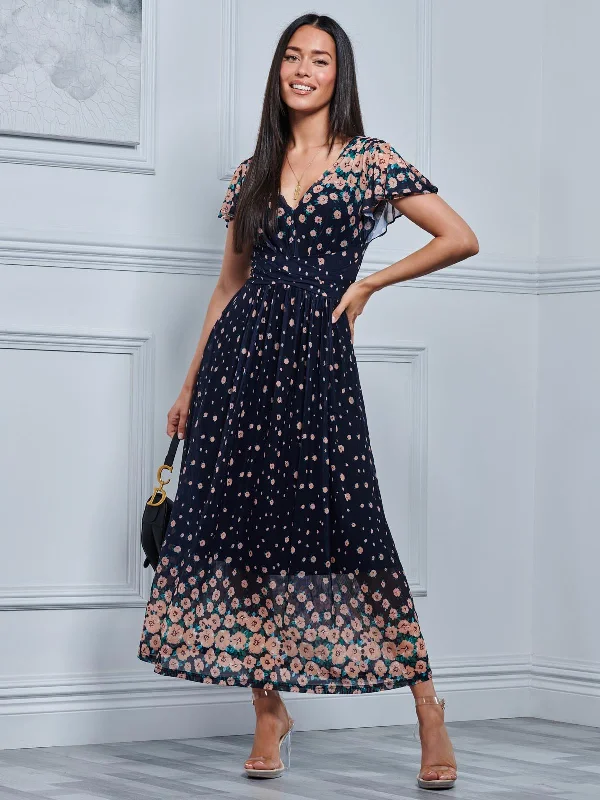 Mably Mirror Print Maxi Mesh Dress, Navy Floral