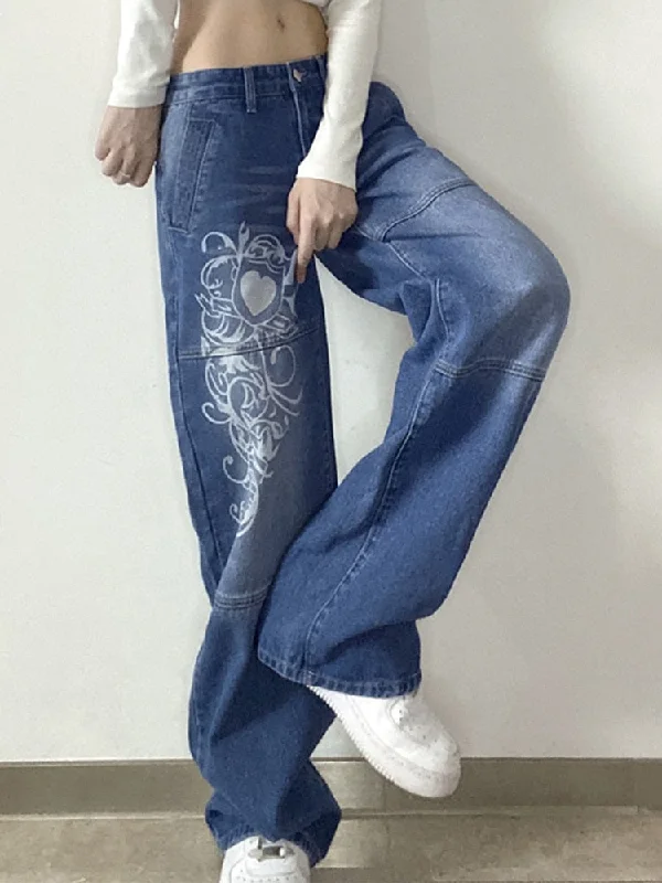 CityHottie - New Printed Baggy Y2K Jeans Women's Low Waist jeans Autumn Winter Oversize Wide Leg Baggy Pants Casual Cargo Trousers