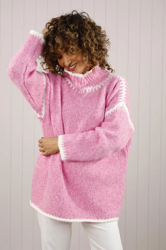 Funnel Neck Stitch Jumper Pink/White