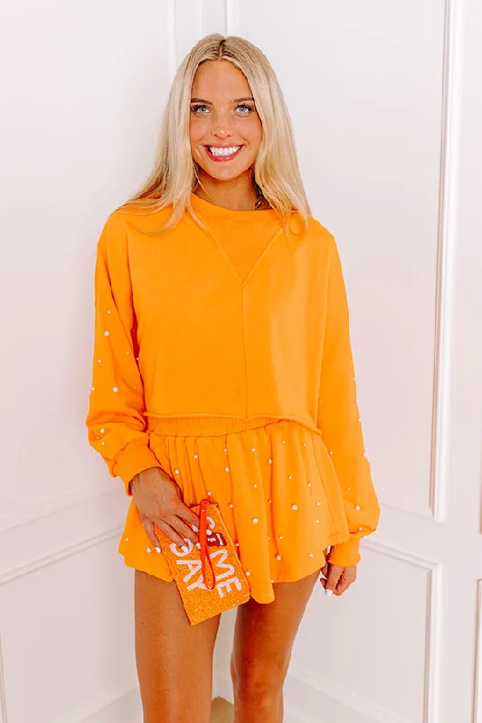 Sideline Chic Pearl Embellished Crop Sweatshirt in Orange