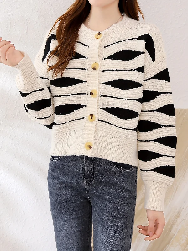 Sixsr Graphic Pattern Button Down Knit Cardigan, Elegant Long Sleeve Sweater Outwear, Women's Clothing