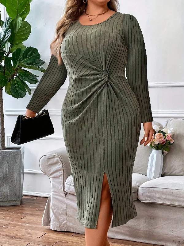 Sixsr Plus Size Sexy Dress, Women's Plus Solid Ribbed Twist Front Long Sleeve Round Neck Split Hem Bodycon Midi Dress