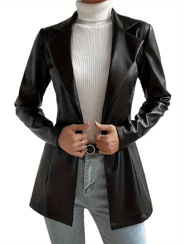 Sixsr One Button PU Jacket, Elegant Lapel Open Front Long Sleeve Outerwear, Women's Clothing