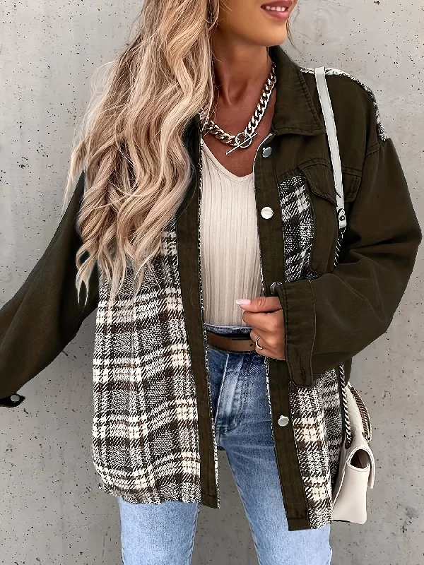 Sixsr Plaid Print Splicing Jacket, Casual Button Front Long Sleeve Outerwear, Women's Clothing