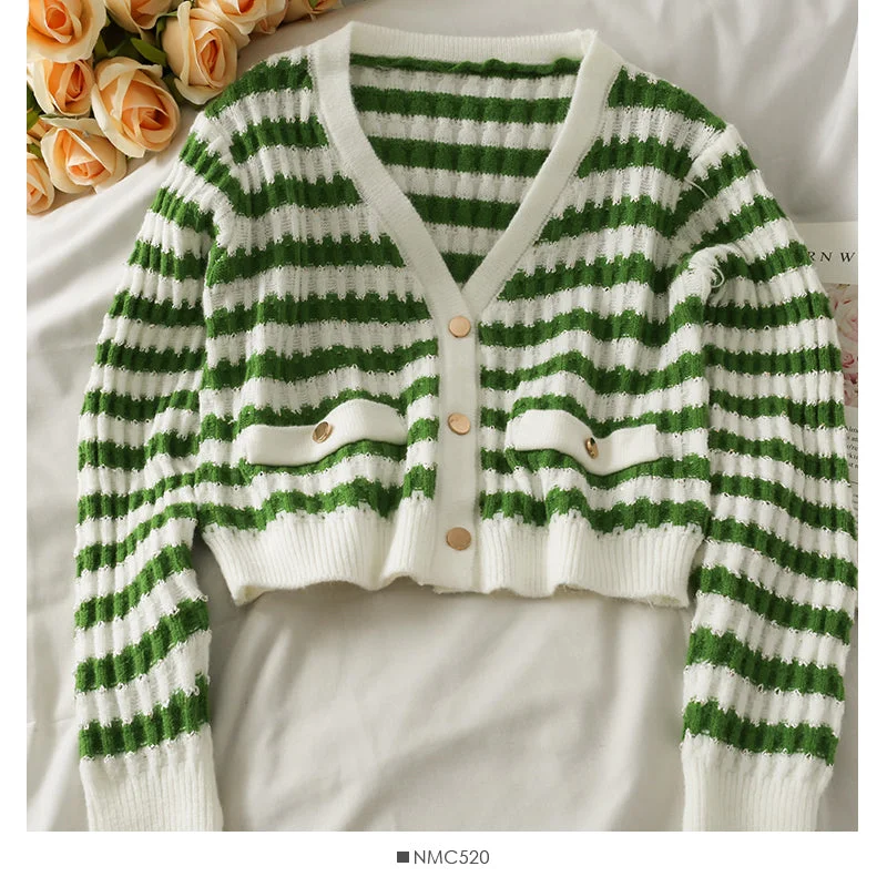 Striped loose thin single breasted cardigan long sleeved sweater  1850