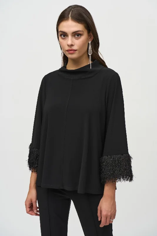 Joseph Ribkoff Black Fringe Cuffs Mock Neck Boxy Top 244195