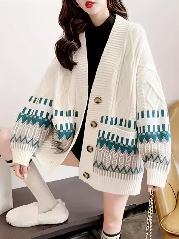 Sixsr Geo Pattern Button Down Knit Cardigan, Elegant Long Sleeve Loose Sweater With Pocket, Women's Clothing